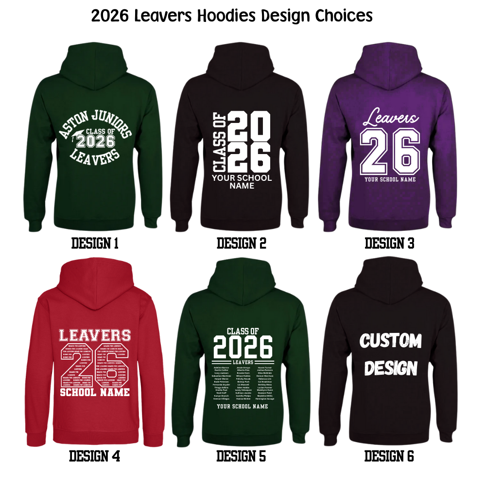 Collection of 2026 Leavers' Hoodies with various design options on a white background.