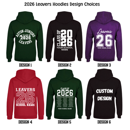 Collection of 2026 Leavers' Hoodies with various design options on a white background.