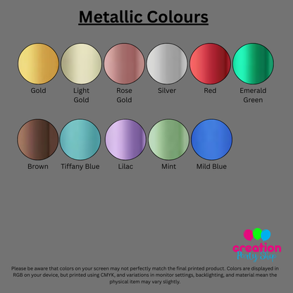 Choice of colour metallic heat transfer vinyl. Creation Party Shop