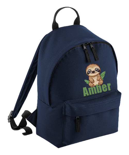 Introducing the fabulously fashionable, petite-sized Personalised Mini School Backpack! It's got it all: a nifty zippered front pocket, extra-cushy back panel and adjustable shoulder straps, plus a handy grab handle to boot!  Colour - Navy Blue Rucksack Dimensions - 24 x 33 x 17cm. Capacity 9 litres.  Choose between 4 colours - Jet Black, Jungle Camo, Navy Blue, Pretty in Pink!  Personalisation comes complimentary - no extra cost!