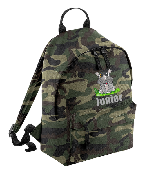 Introducing the fabulously fashionable, petite-sized Personalised Mini School Backpack! It's got it all: a nifty zippered front pocket, extra-cushy back panel and adjustable shoulder straps, plus a handy grab handle to boot!  Colour - Jungle Camo Rucksack Dimensions - 24 x 33 x 17cm. Capacity 9 litres.  Choose between 4 colours - Jet Black, Jungle Camo, Navy Blue, Pretty in Pink!  Personalisation comes complimentary - no extra cost!