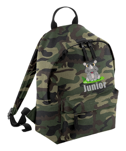 Introducing the fabulously fashionable, petite-sized Personalised Mini School Backpack! It's got it all: a nifty zippered front pocket, extra-cushy back panel and adjustable shoulder straps, plus a handy grab handle to boot!  Colour - Jungle Camo Rucksack Dimensions - 24 x 33 x 17cm. Capacity 9 litres.  Choose between 4 colours - Jet Black, Jungle Camo, Navy Blue, Pretty in Pink!  Personalisation comes complimentary - no extra cost!