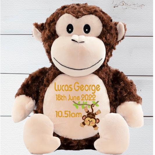 Huggles the Brown Monkey boasts a fancy zippered design that allows you to remove his internal fluffies and pop 'im in the washing machine - he's even machine washable! He's also the perfect size to cram full of pajamas and bring along for a sleepover. At a height of 13 inches, it's hug time!  Personalise your teddy bear by selecting from one of our themed designs. 
