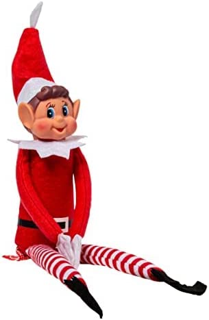 Elf on the Shelf toy in red and white outfit with striped pants on a white background