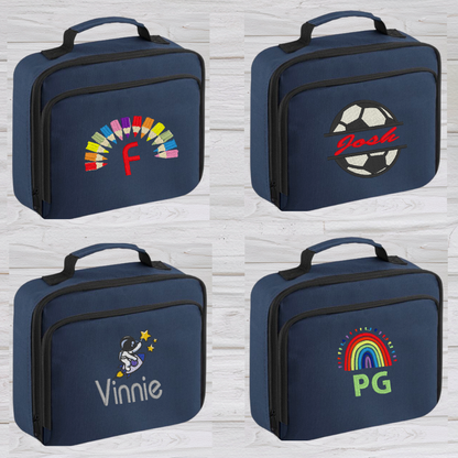 Introducing the ultra-stylish, Personalised Lunch Box Cooler! It's the total package: Zippered front pocket for easy customization. Zippered main compartment. Fully insulated. Wipeable interior. Internal ID label.  Colour - French Navy Blue Adjustment handle from 7.5cm to 8cm. Reach certified. Dimensions 24 x 20 x 8cm. 3 litres.  Choose between 4 colours - Jet Black, Jungle Camo, Navy Blue, Pretty in Pink!  Personalisation comes complimentary - no extra cost!
