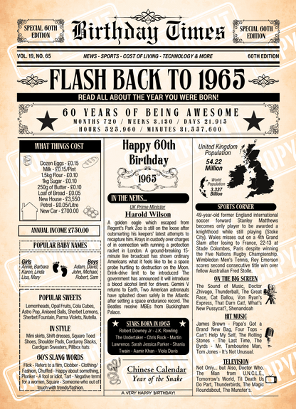 Personalised birthday times print featuring interesting and fun facts from the year you were born. This poster is for Age 60 born in 1965.

Please note you purchasing a Digital Download only, no physical item will be issued. You will receive a download link for the files A4 size and A3 size for instant download at check out and via Email.