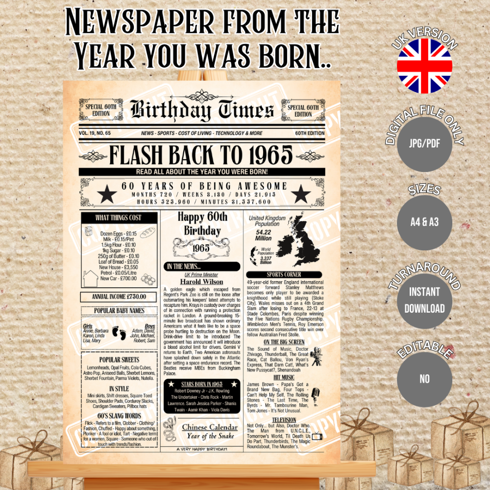 Personalised birthday times print featuring interesting and fun facts from the year you were born. This poster is for Age 60 born in 1965.

Please note you purchasing a Digital Download only, no physical item will be issued. You will receive a download link for the files A4 size and A3 size for instant download at check out and via Email.