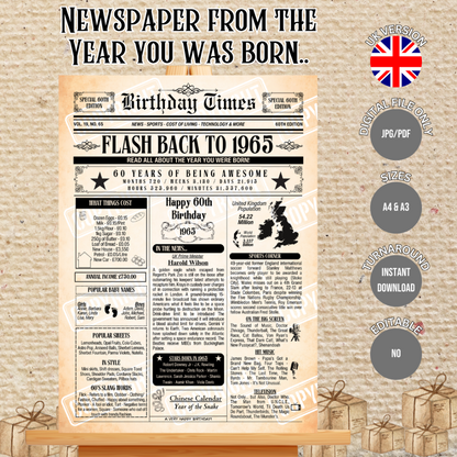 Personalised birthday times print featuring interesting and fun facts from the year you were born. This poster is for Age 60 born in 1965.

Please note you purchasing a Digital Download only, no physical item will be issued. You will receive a download link for the files A4 size and A3 size for instant download at check out and via Email.