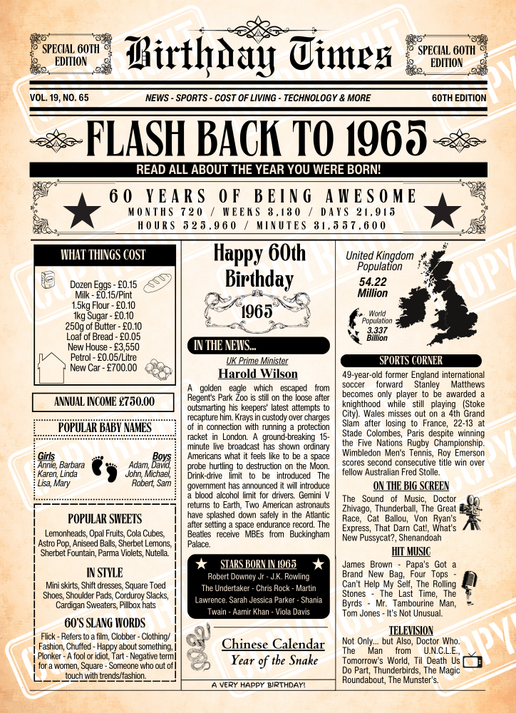 Personalised birthday times print featuring interesting and fun facts from the year you were born. This poster is for Age 60 born in 1965.

Please note you purchasing a Digital Download only, no physical item will be issued. You will receive a download link for the files A4 size and A3 size for instant download at check out and via Email.