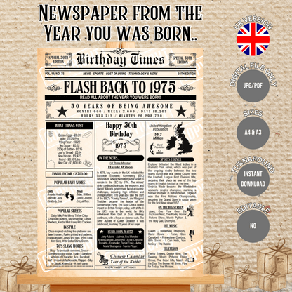 Personalised birthday times print featuring interesting and fun facts from the year you were born. This poster is for Age 50 born in 1975.

Please note you purchasing a Digital Download only, no physical item will be issued. You will receive a download link for the files A4 size and A3 size for instant download at check out and via Email.