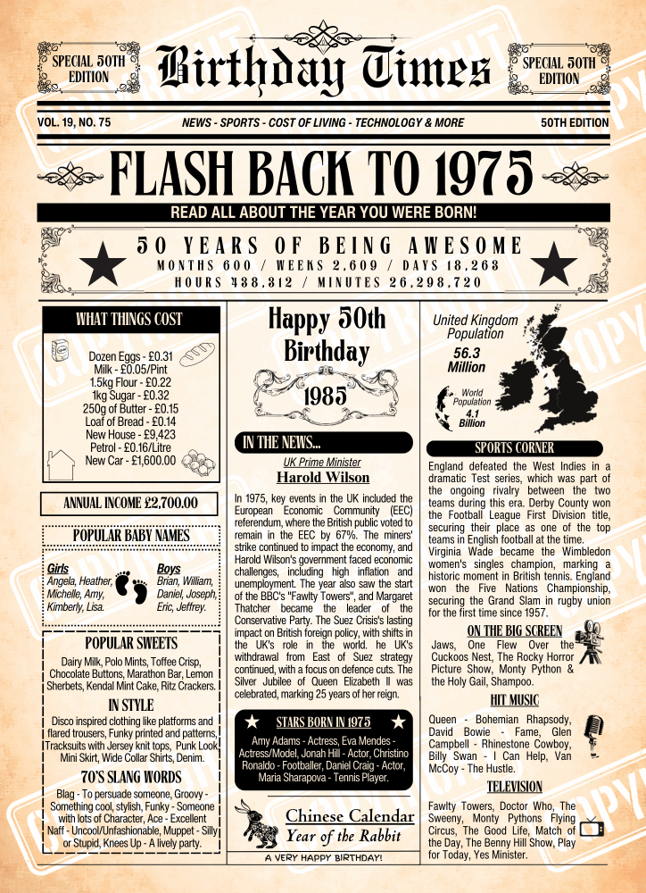 Personalised birthday times print featuring interesting and fun facts from the year you were born. This poster is for Age 50 born in 1975.

Please note you purchasing a Digital Download only, no physical item will be issued. You will receive a download link for the files A4 size and A3 size for instant download at check out and via Email.