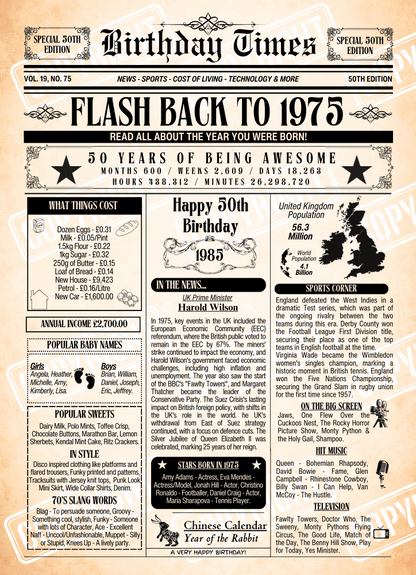 Personalised birthday times print featuring interesting and fun facts from the year you were born. This poster is for Age 50 born in 1975.

Please note you purchasing a Digital Download only, no physical item will be issued. You will receive a download link for the files A4 size and A3 size for instant download at check out and via Email.