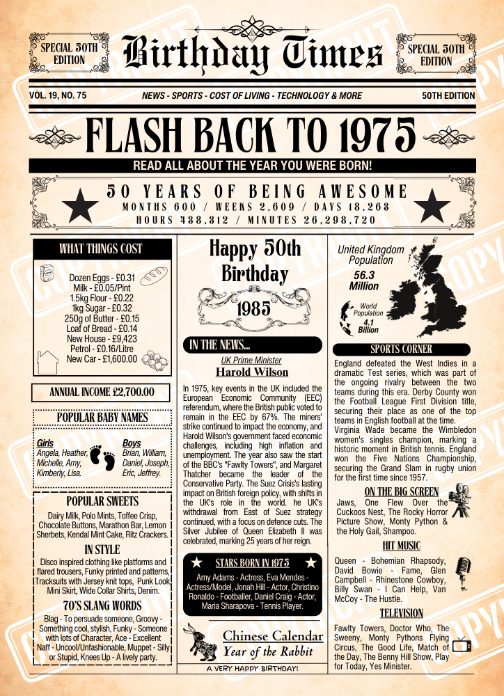 Personalised birthday times print featuring interesting and fun facts from the year you were born. This poster is for Age 50 born in 1975.

Please note you purchasing a Digital Download only, no physical item will be issued. You will receive a download link for the files A4 size and A3 size for instant download at check out and via Email.