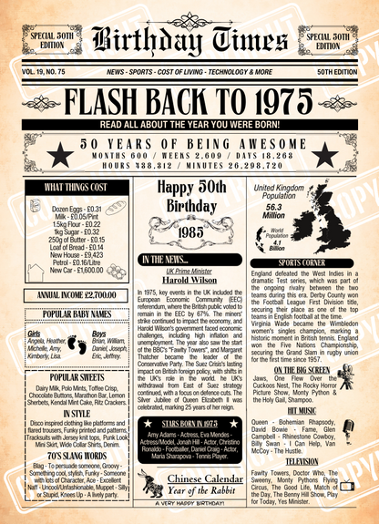 Personalised birthday times print featuring interesting and fun facts from the year you were born. This poster is for Age 50 born in 1975.

Please note you purchasing a Digital Download only, no physical item will be issued. You will receive a download link for the files A4 size and A3 size for instant download at check out and via Email.