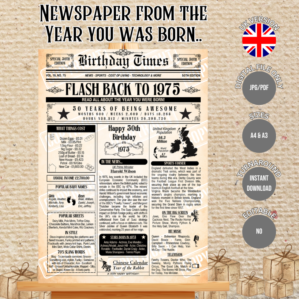 Personalised birthday times print featuring interesting and fun facts from the year you were born. This poster is for Age 50 born in 1975.

Please note you purchasing a Digital Download only, no physical item will be issued. You will receive a download link for the files A4 size and A3 size for instant download at check out and via Email.