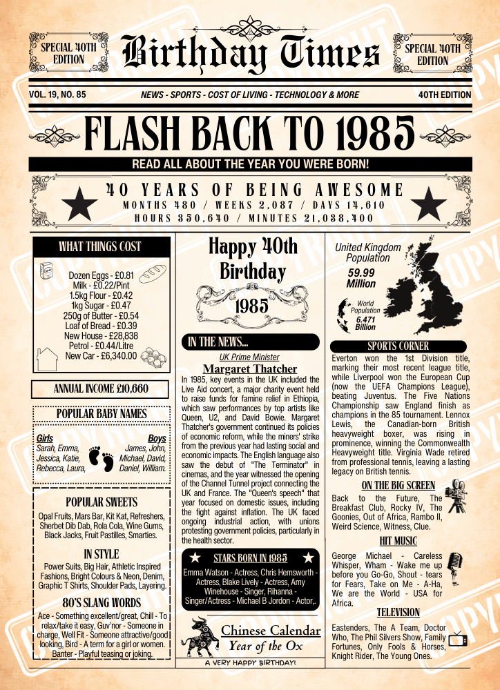 Personalised birthday times print featuring interesting and fun facts from the year you were born. This poster is for Age 40 born in 1985.

Please note you purchasing a Digital Download only, no physical item will be issued. You will receive a download link for the files A4 size and A3 size for instant download via Email.