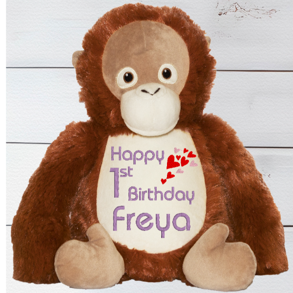 Personalised Cubbies Embroidery Orangutan teddy bear with soft fur, custom name embroidery, and zip for machine washable stuffing removal