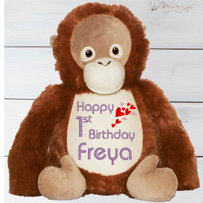 Personalised Cubbies Embroidery Orangutan teddy bear with soft fur, custom name embroidery, and zip for machine washable stuffing removal