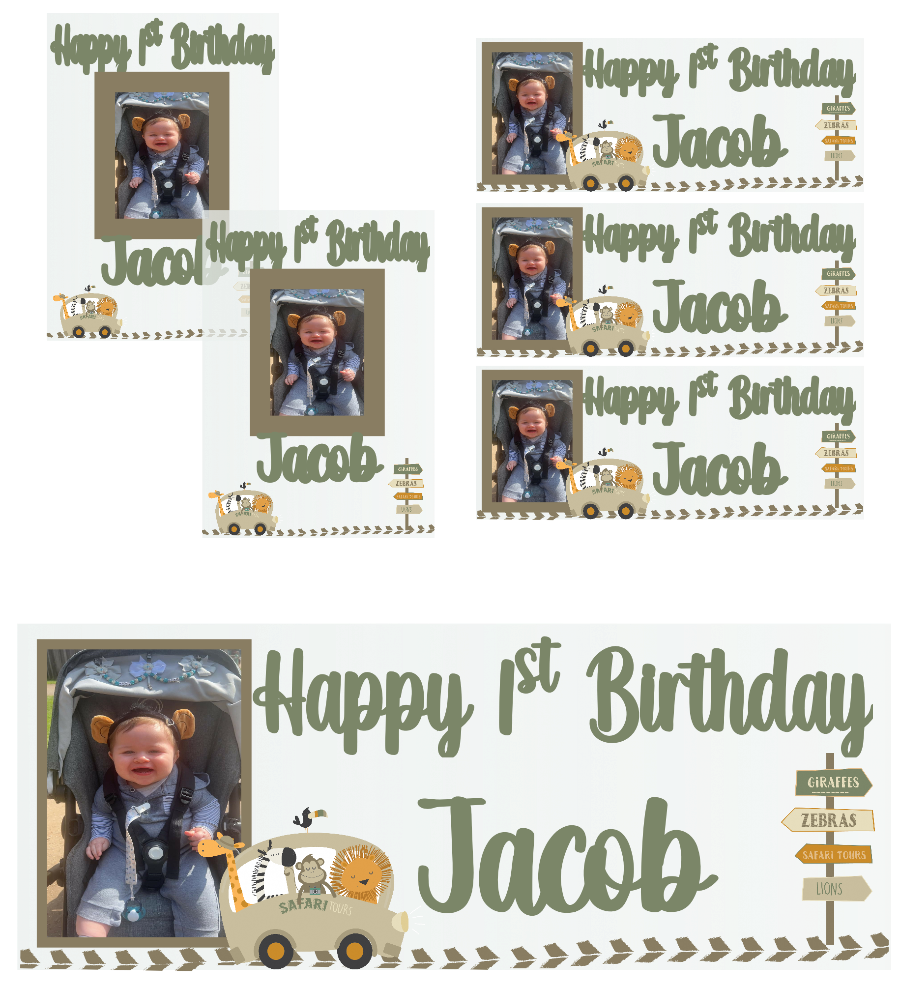 Personalised b-day banners and posters featuring your fave safari animals can be yours! Sizes? Yup. Photos? Yup. Customise the wildest b-day wishes!  Our customisable birthday banners and posters can be personalised with any age, name, colour