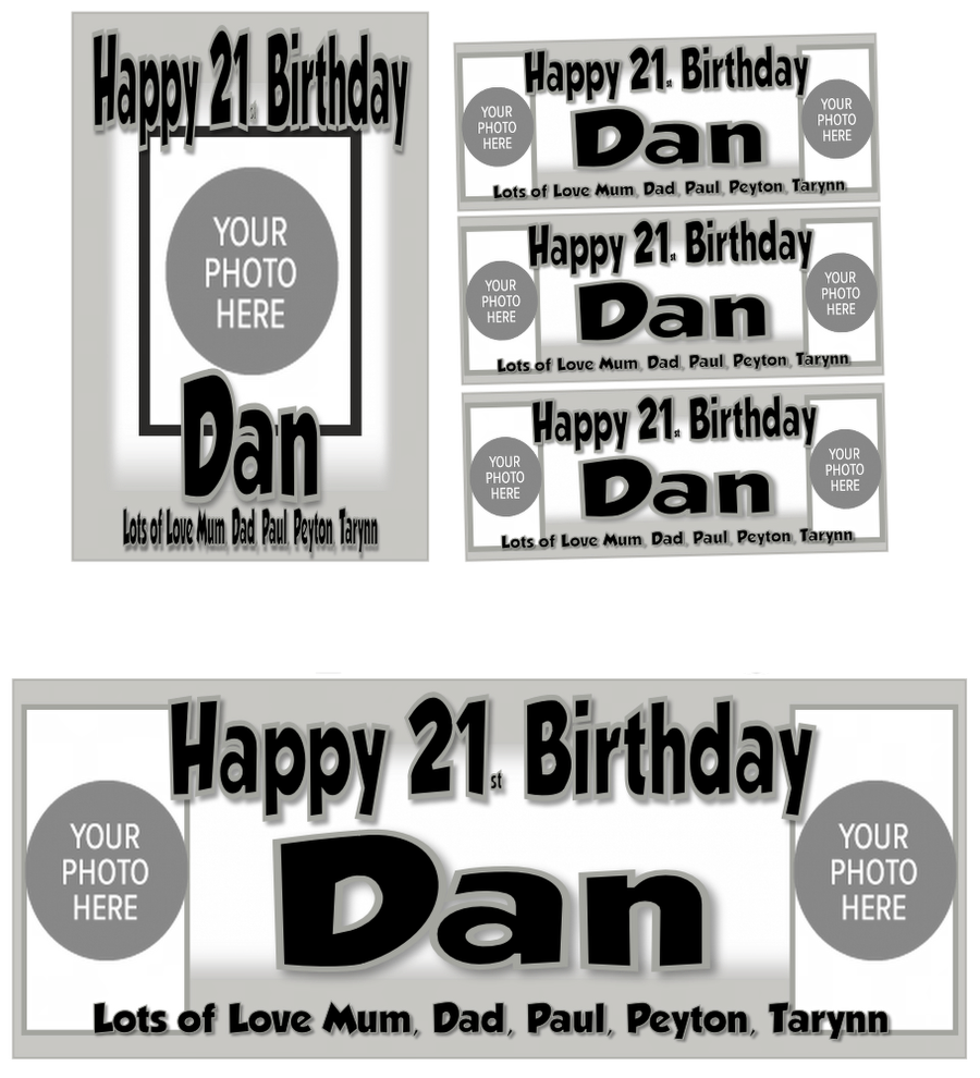 Personalised Birthday Party Photo Banners Posters are offered in a Various Colour Designs, featuring a combination of two images on the banner one image on posters.  Our customisable banners and posters can be personalised with any age, name, colour.  All our Banners Posters are printed on Luxury 240gsm Photo Paper.