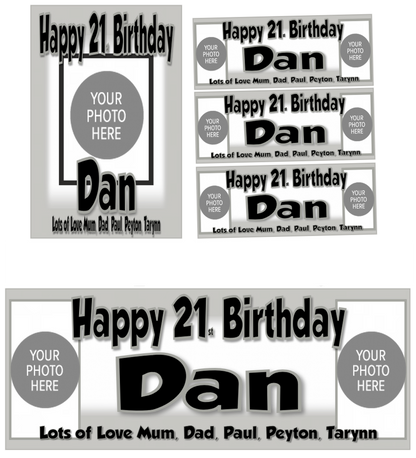 Personalised Birthday Party Photo Banners Posters are offered in a Various Colour Designs, featuring a combination of two images on the banner one image on posters.  Our customisable banners and posters can be personalised with any age, name, colour.  All our Banners Posters are printed on Luxury 240gsm Photo Paper.