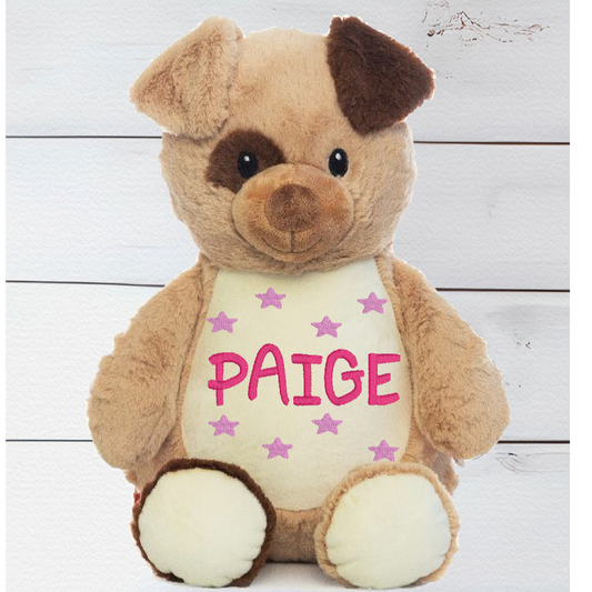 Patch the Dog has a nifty zipper so you can take out the stuffing pods and get it squeaky clean! Machine washable, this pup can even fill your kiddo's sleepover bag with PJs! Patch stands tall at a whopping 13 inches. Personalise your teddy bear by selecting from one of our themed designs. 