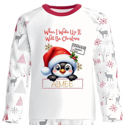 Celebrate the magic of Christmas Eve in these snug personalised pyjamas, featuring a cute Peeking Christmas Penguin Design. With the cheerful phrase “When I Wake Up It Will Be Christmas,” they capture the excitement of the countdown in the coziest, most delightful way.