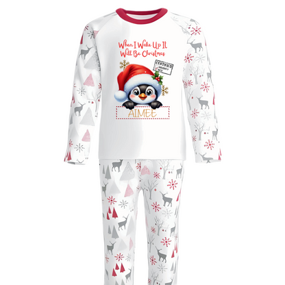 Celebrate the magic of Christmas Eve in these snug personalised pyjamas, featuring a cute Peeking Christmas Penguin Design. With the cheerful phrase “When I Wake Up It Will Be Christmas,” they capture the excitement of the countdown in the coziest, most delightful way.
