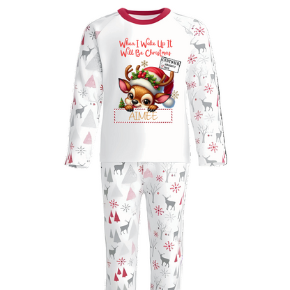 Celebrate the magic of Christmas Eve in these snug personalised pyjamas, featuring a cute Peeking Christmas Reindeer Design. With the cheerful phrase “When I Wake Up It Will Be Christmas,” they capture the excitement of the countdown in the coziest, most delightful way.