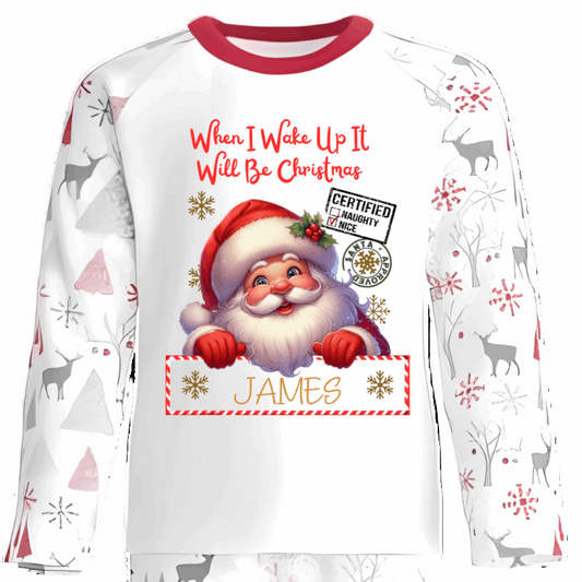 Celebrate the magic of Christmas Eve in these snug personalised pyjamas, featuring a cute Peeking Christmas Santa Design. With the cheerful phrase “When I Wake Up It Will Be Christmas,” they capture the excitement of the countdown in the coziest, most delightful way.