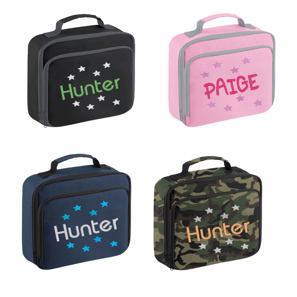 Personalised Lunch Box Cooler. Jet Black, Jungle Camo, Navy Blue, Pretty in Pink!  Personalisation embroidery comes complimentary