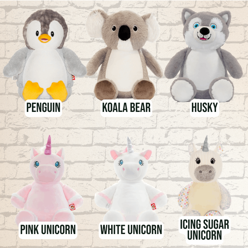 Plush toys including a penguin, koala bear, husky, pink unicorn, white unicorn, and icing sugar unicorn plush toys which can be personalised with embroidery.