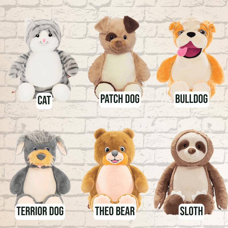 Plush toys labeled with animal names plush toys which can be personalised with embroidery.