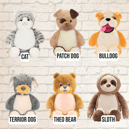 Plush toys labeled with animal names plush toys which can be personalised with embroidery.