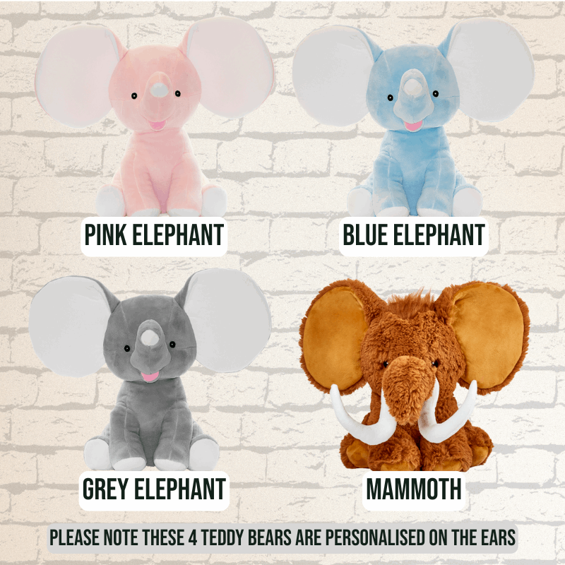 Four plush toy elephants in different colors plush toys which can be personalised with embroidery.