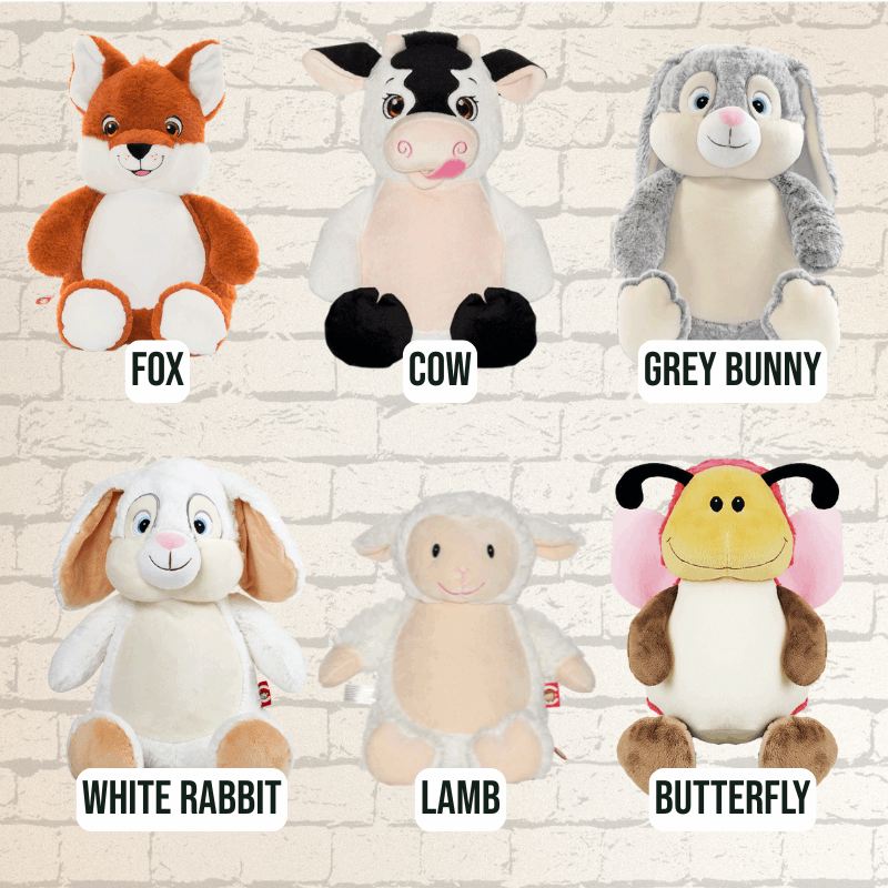 Plush toys of a fox, cow, grey bunny, white rabbit, lamb, and butterfly plush toys which can be personalised with embroidery.