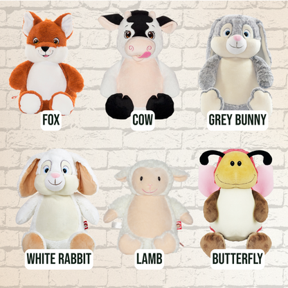 Plush toys of a fox, cow, grey bunny, white rabbit, lamb, and butterfly plush toys which can be personalised with embroidery.