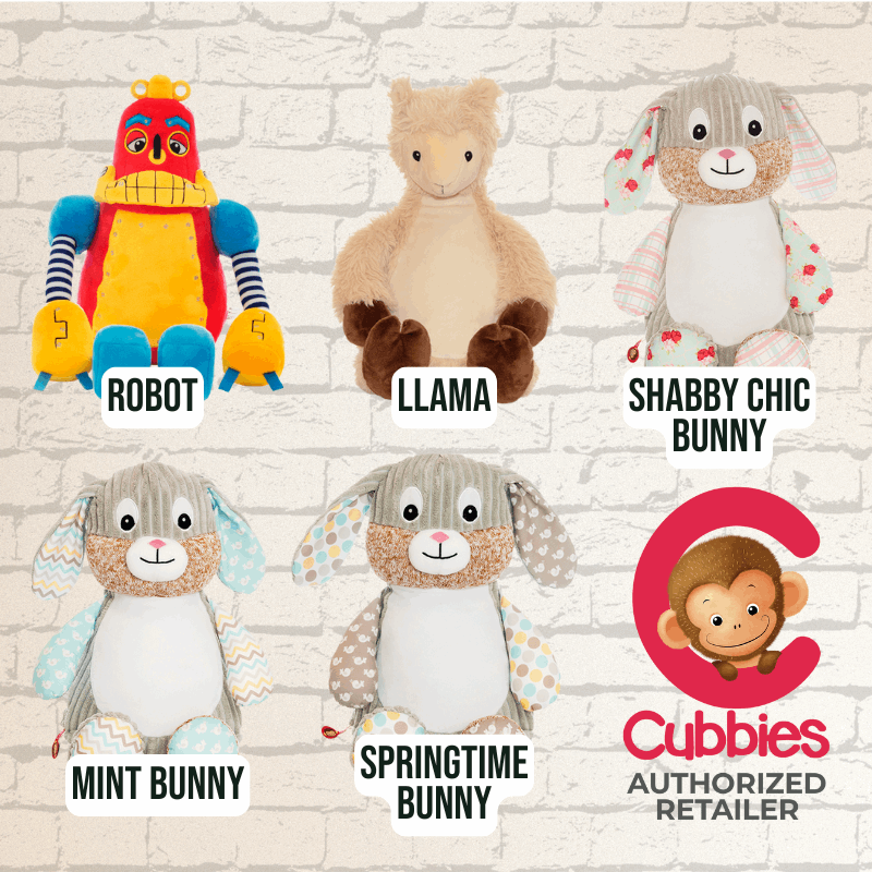 Five stuffed animals plush toys which can be personalised with embroidery, featuring the Cubbies brand.