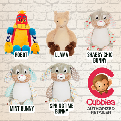 Five stuffed animals plush toys which can be personalised with embroidery, featuring the Cubbies brand.