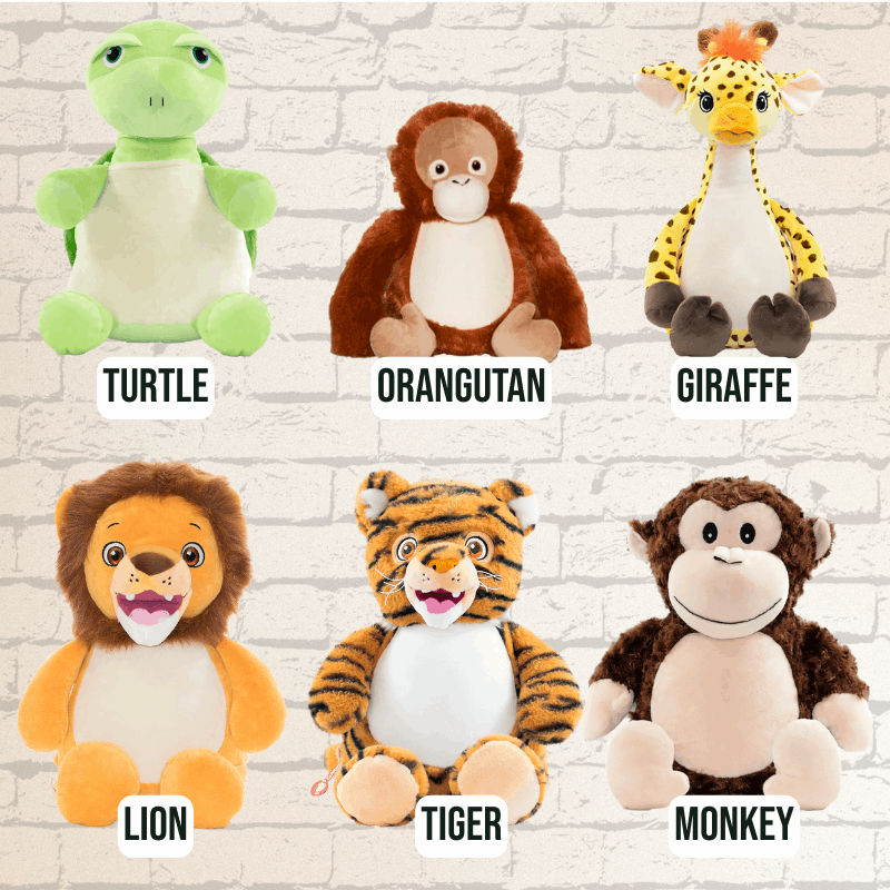 Plush toys including a turtle, orangutan, giraffe, lion, tiger, and monkey  which can be personalised with embroidery.
