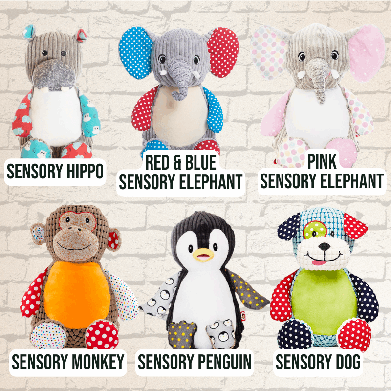 Collection of sensory plush toys which can be personalised with embroidery.