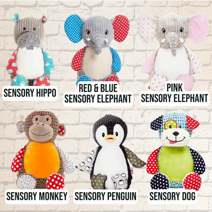 Collection of sensory plush toys which can be personalised with embroidery.