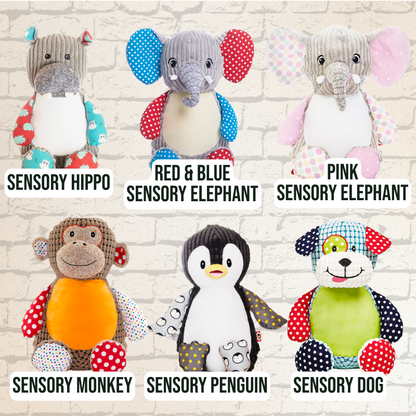 Collection of sensory plush toys which can be personalised with embroidery.