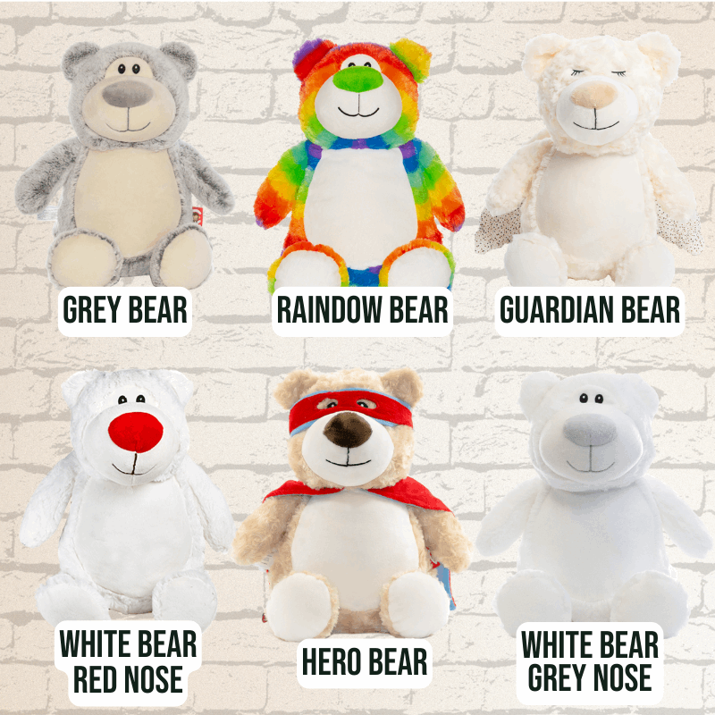 Six teddy bears with different designs and colors personalised with embroidery.