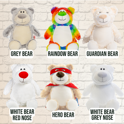 Six teddy bears with different designs and colors personalised with embroidery.