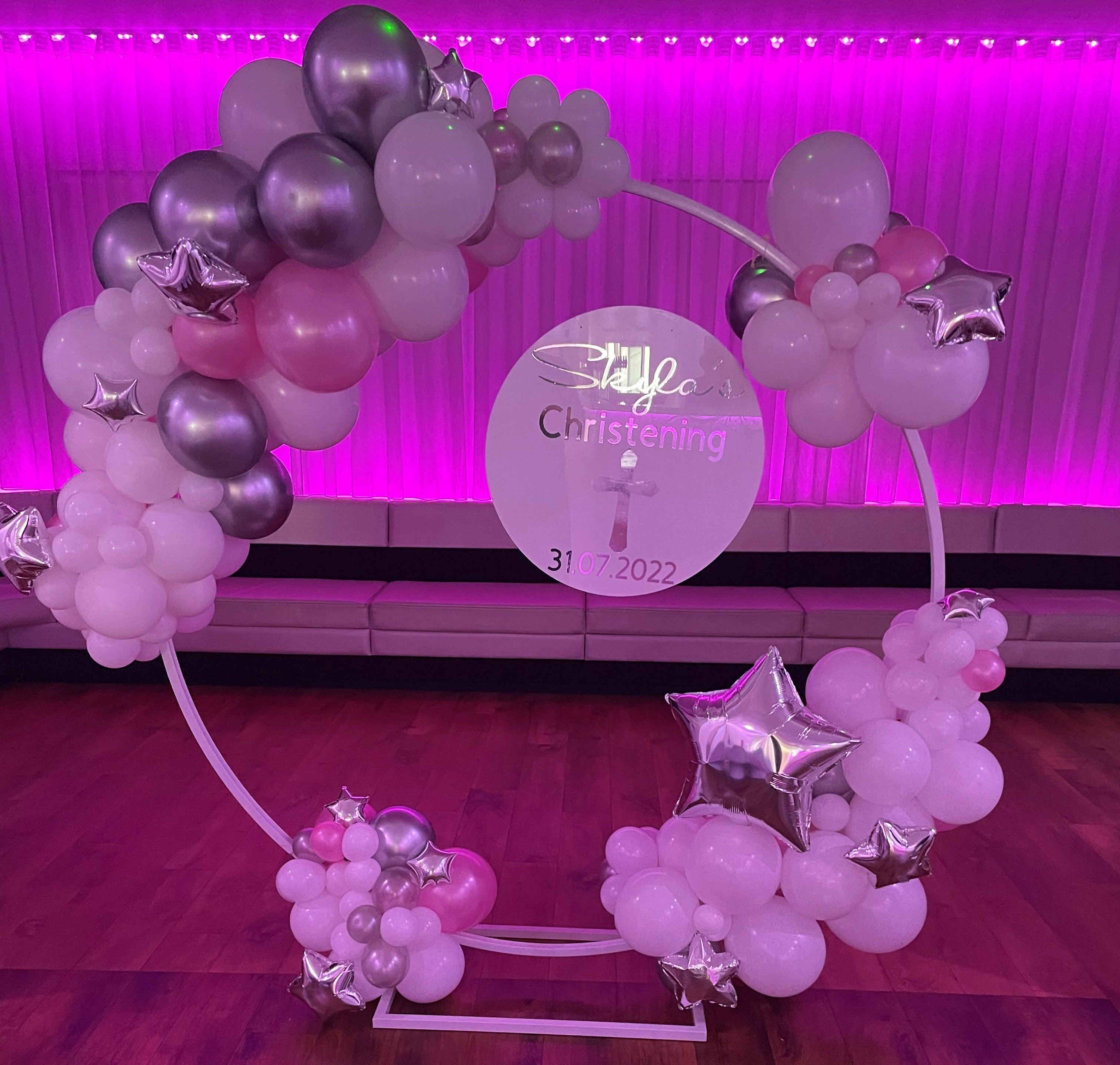 Balloon Hoop decorated with organic balloons, personalised disc for a christening