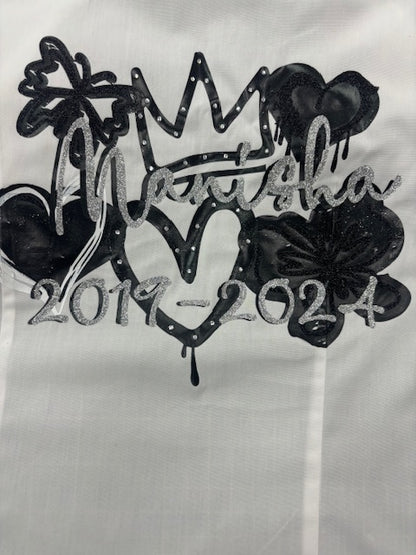 Personalised Glitter; Diamante School Leavers Signing Shirts Black & Silver for Class Year 2025 Children.  A beautiful Keepsake of Memories from the Last Day Of School.  This listing offers a unique personalized glitter and diamante layered design with Diamanté Crown & Heart, Butterflies and Graffiti Hearts, complete with your name and leavers dates. Feel like royalty on your special day with the stunning crown, hearts, and butterflies designs. We offer a range of colour schemes for your shirt.