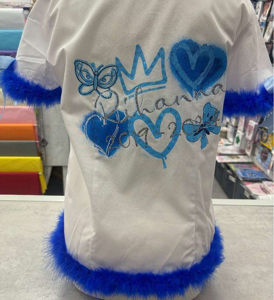 Personalised Glitter, Diamante Crown, Turkish/ Evil Eyes with Butterflies in royal blue and baby blue design.  Includes royal blue feather trim and baby blue bows on the sleeves.