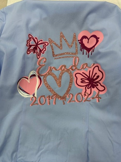 Personalised Glitter; Diamante School Leavers Signing Shirts Pink & Hot Pink for Class Year 2025 Children.  A beautiful Keepsake of Memories from the Last Day Of School.  This listing offers a unique personalized glitter and diamante layered design with Diamanté Crown & Heart, Butterflies and Graffiti Hearts, complete with your name and leavers dates. Feel like royalty on your special day with the stunning crown, hearts, and butterflies designs. We offer a range of colour schemes for your shirt.