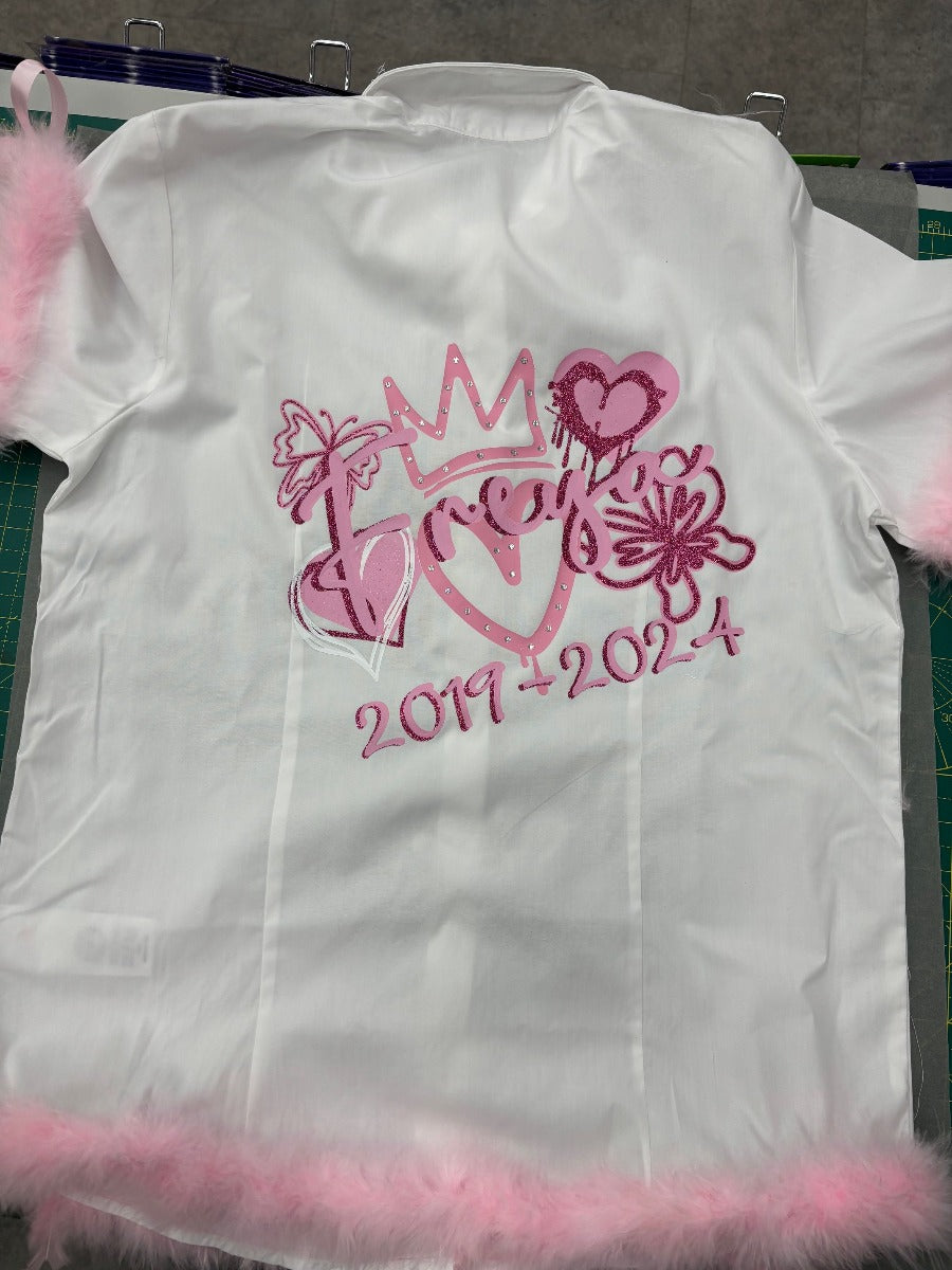 Personalised Glitter, Diamante Crown, Turkish/ Evil Eyes with Butterflies, Feathers Pinks School Leavers Signing Shirts Class of Year 2025 Kids - CreationPartyShop